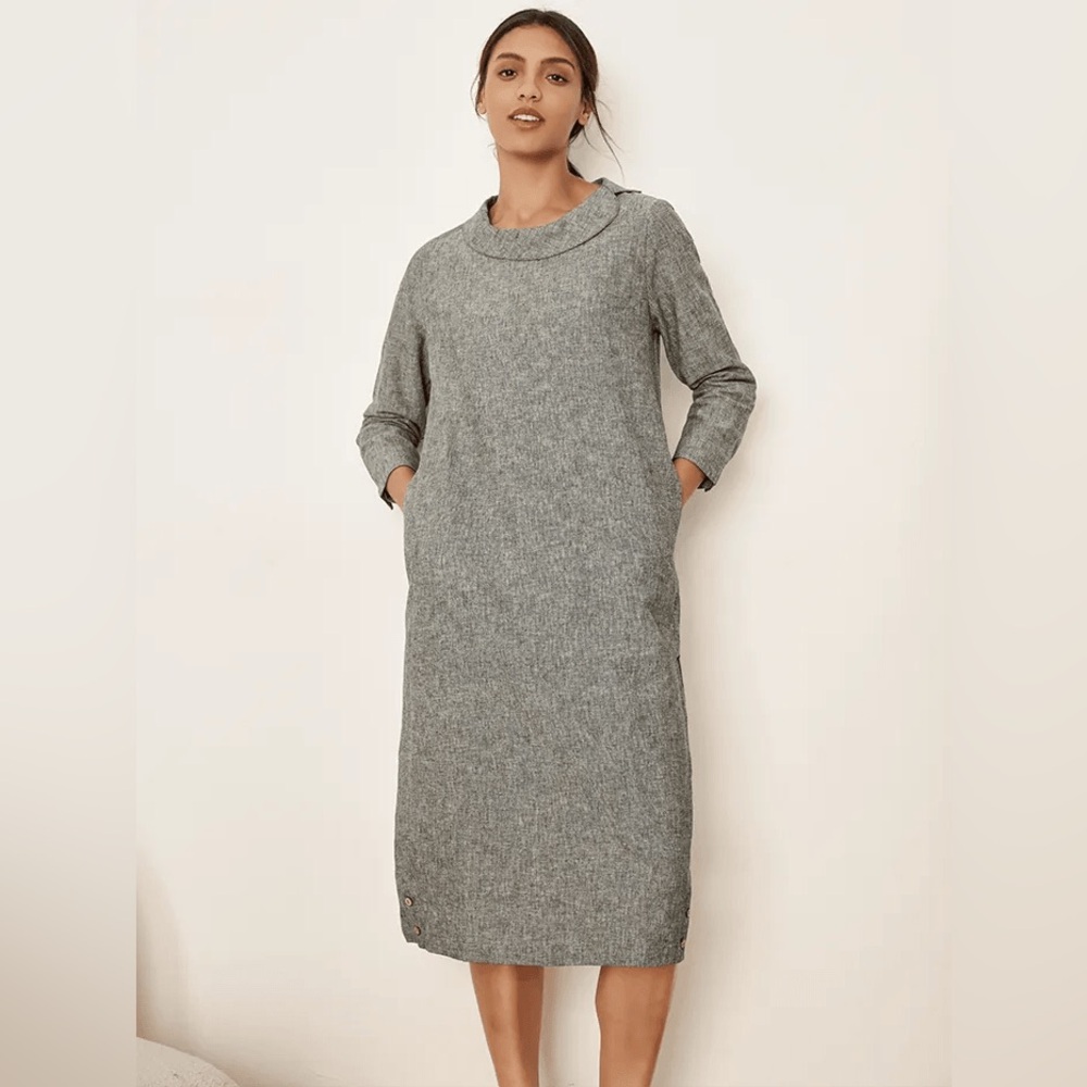 LINTICO  Linen‎ Round Soft-Fold Collar gray Midi Dress lagenlook minimalist sz S